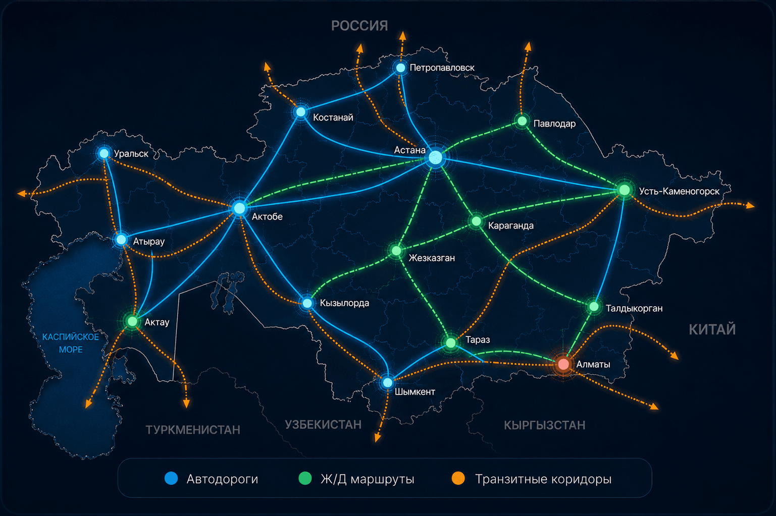 Карта Казахстана с транспортными маршрутами: автодороги, железнодорожные пути и транзитные коридоры